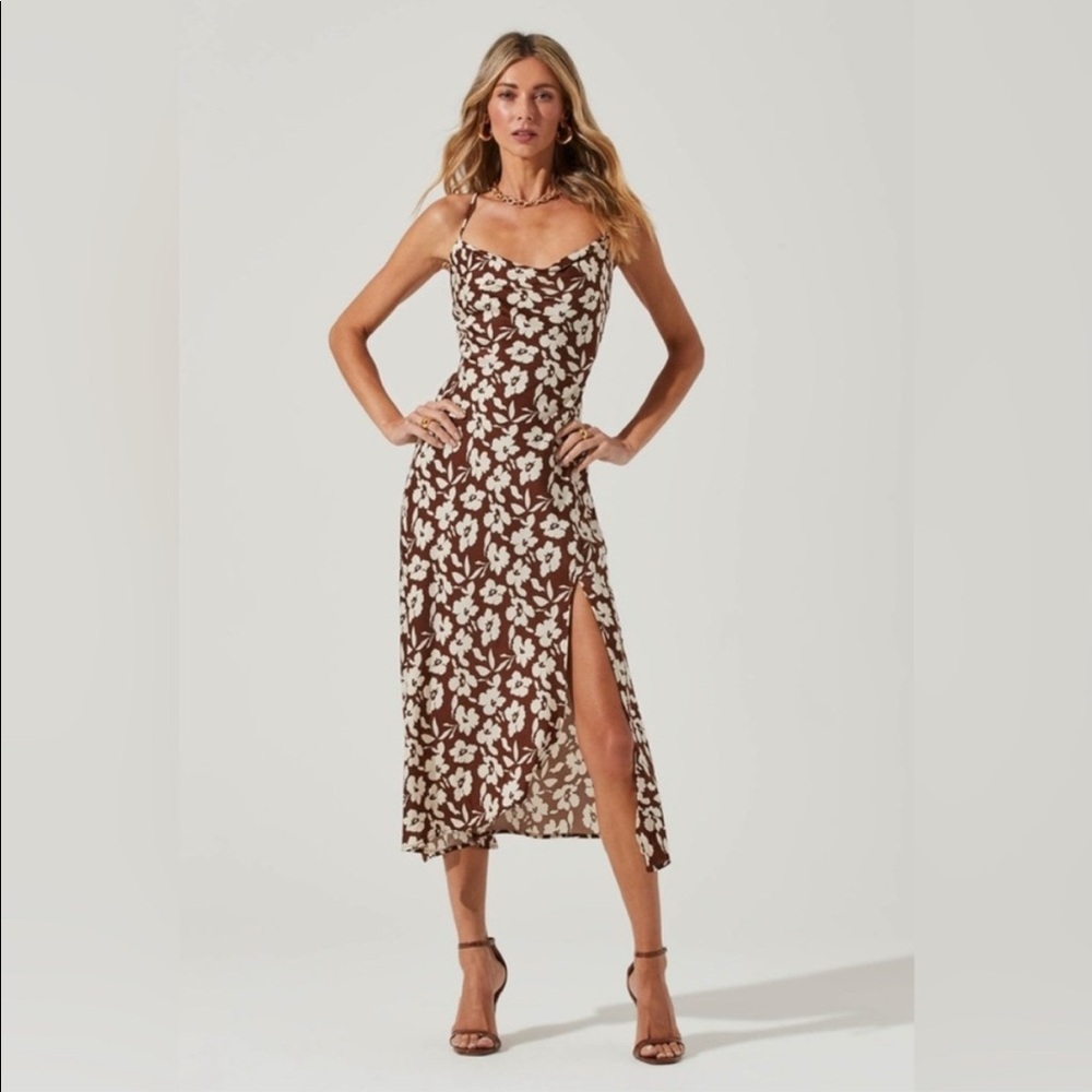 Astr Gaia Floral Midi Dress - Brown Cream Floral | Never Worn